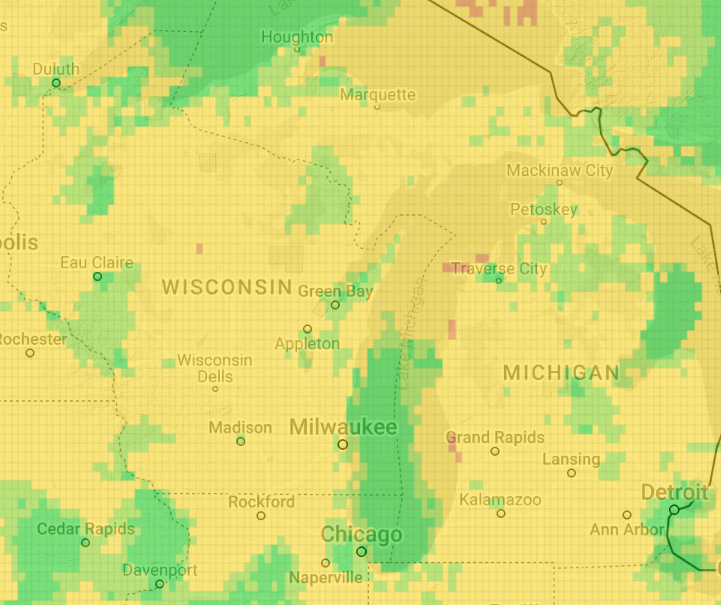 Map of Michigan showing areas at risk of potato late blight.